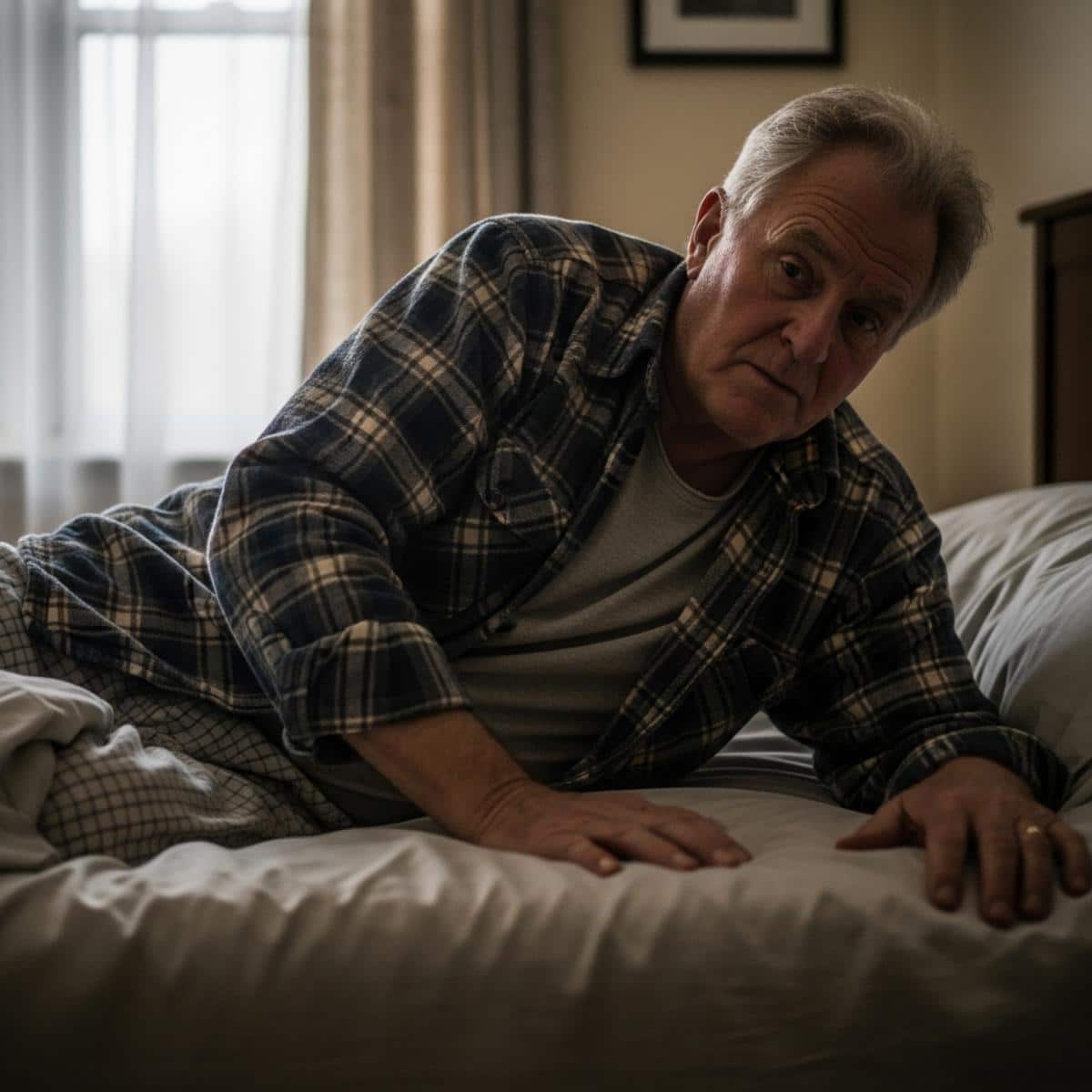 Older man rolling to his side on a bed preparing to rise safely, full-body centered view