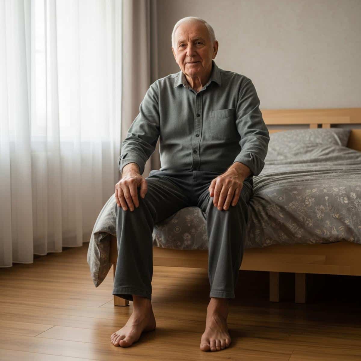 Older man sitting on the edge of a bed with both feet resting flat on the floor, hands on thighs in a steady seated position, full-body centered view