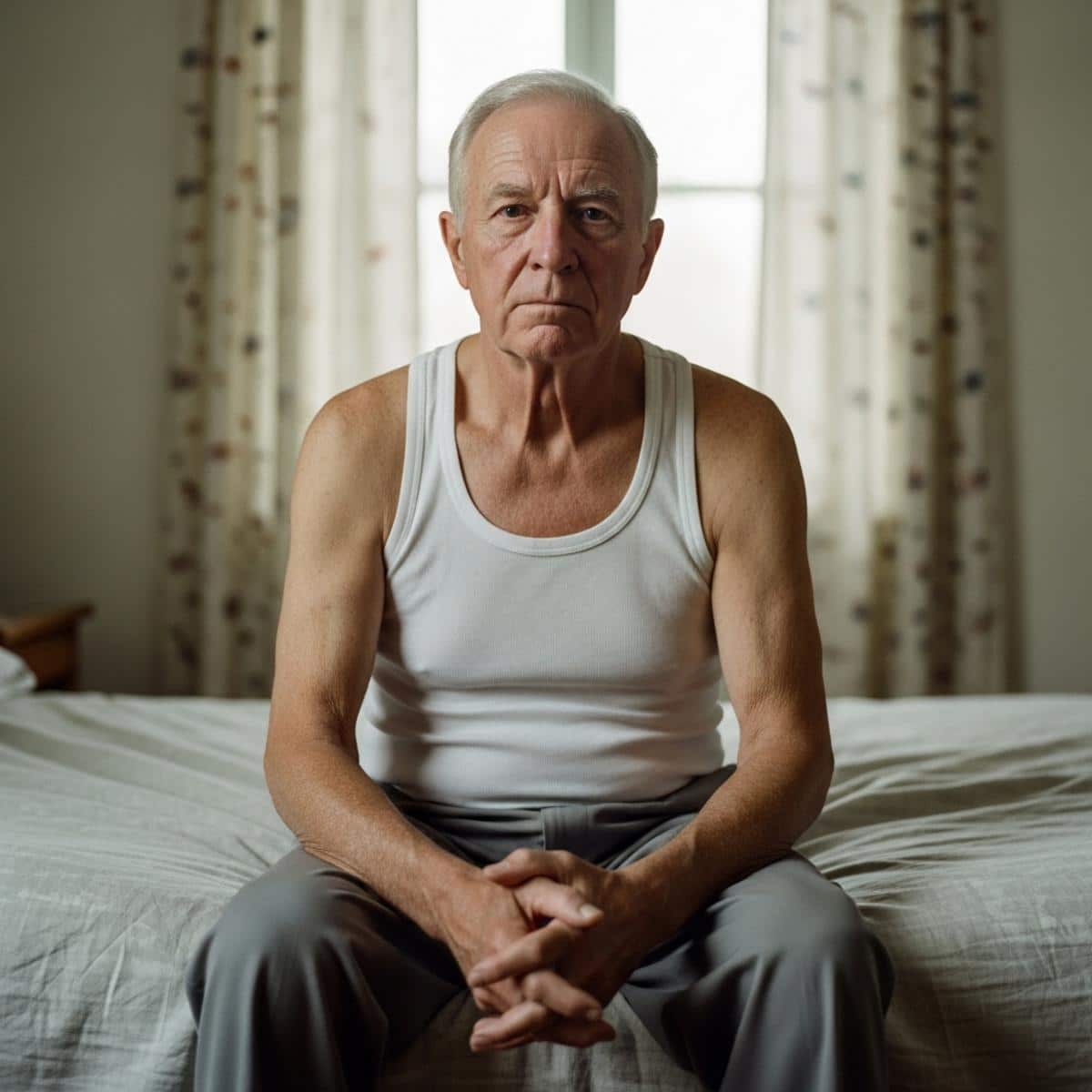 Older man sitting on the edge of a made bed with folded hands and a flat expression, waist-up centered view