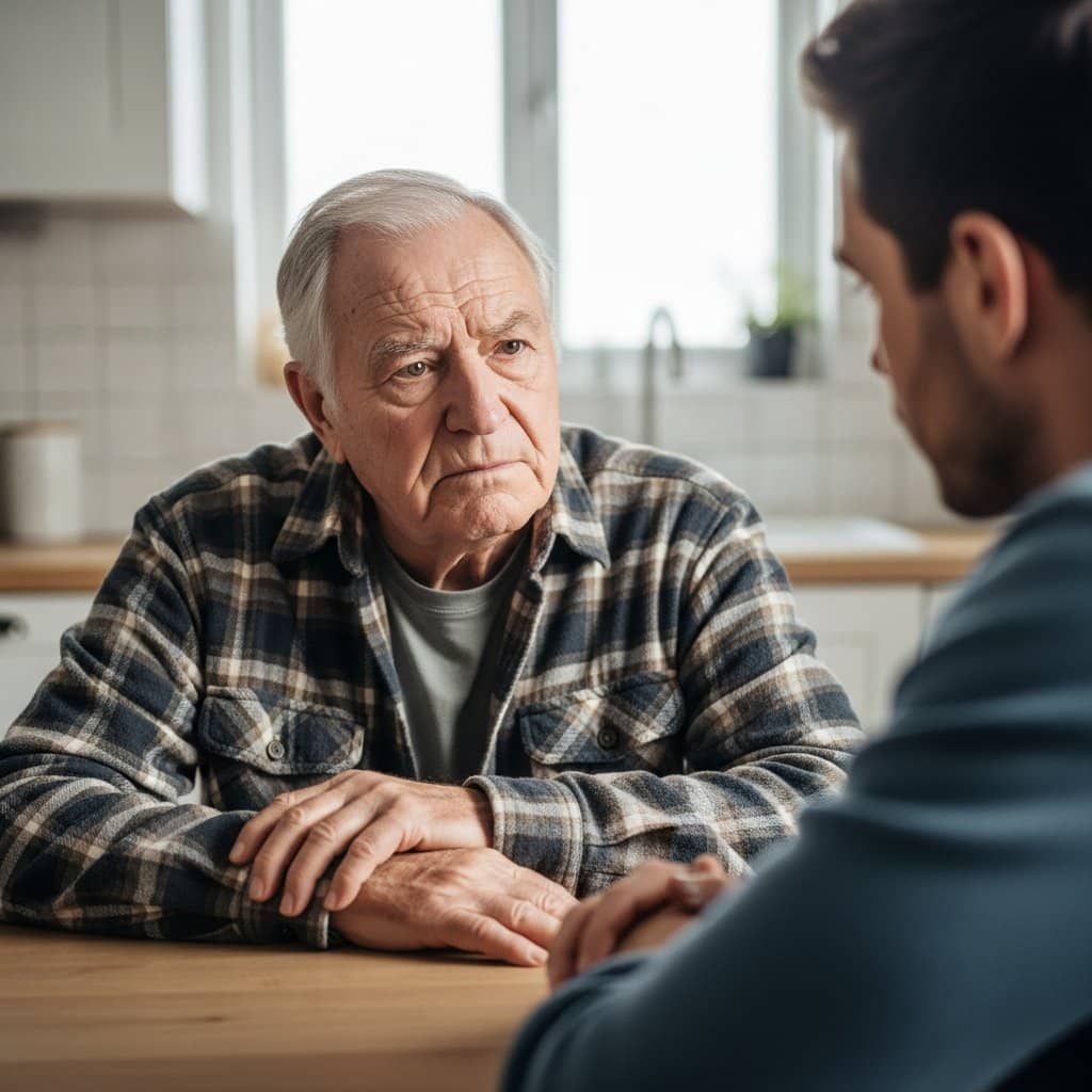 Older man sitting at a kitchen table with a worried expression while a younger family member leans in with reassurance, waist-up centered view