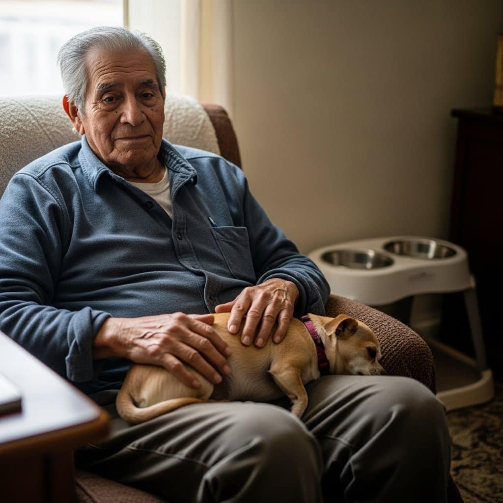 Older man seated in a cushioned chair with a small dog resting in his lap, one hand resting gently on the dog, waist-up centered view