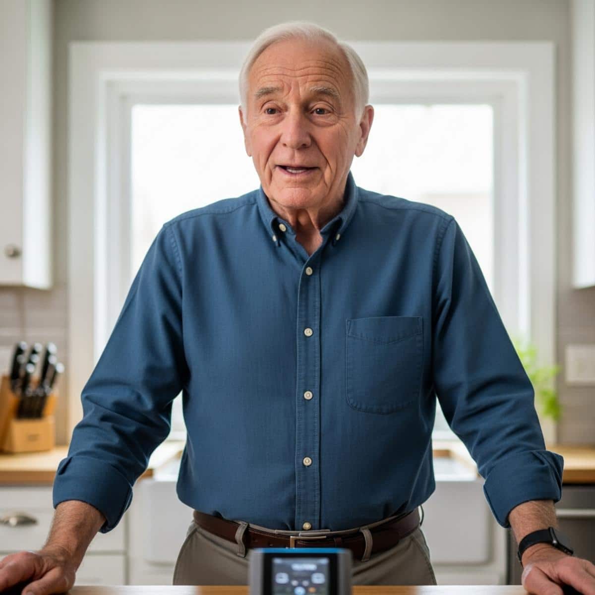 Older man speaking to a small smart home device on a kitchen counter with a confident expression, waist-up centered view