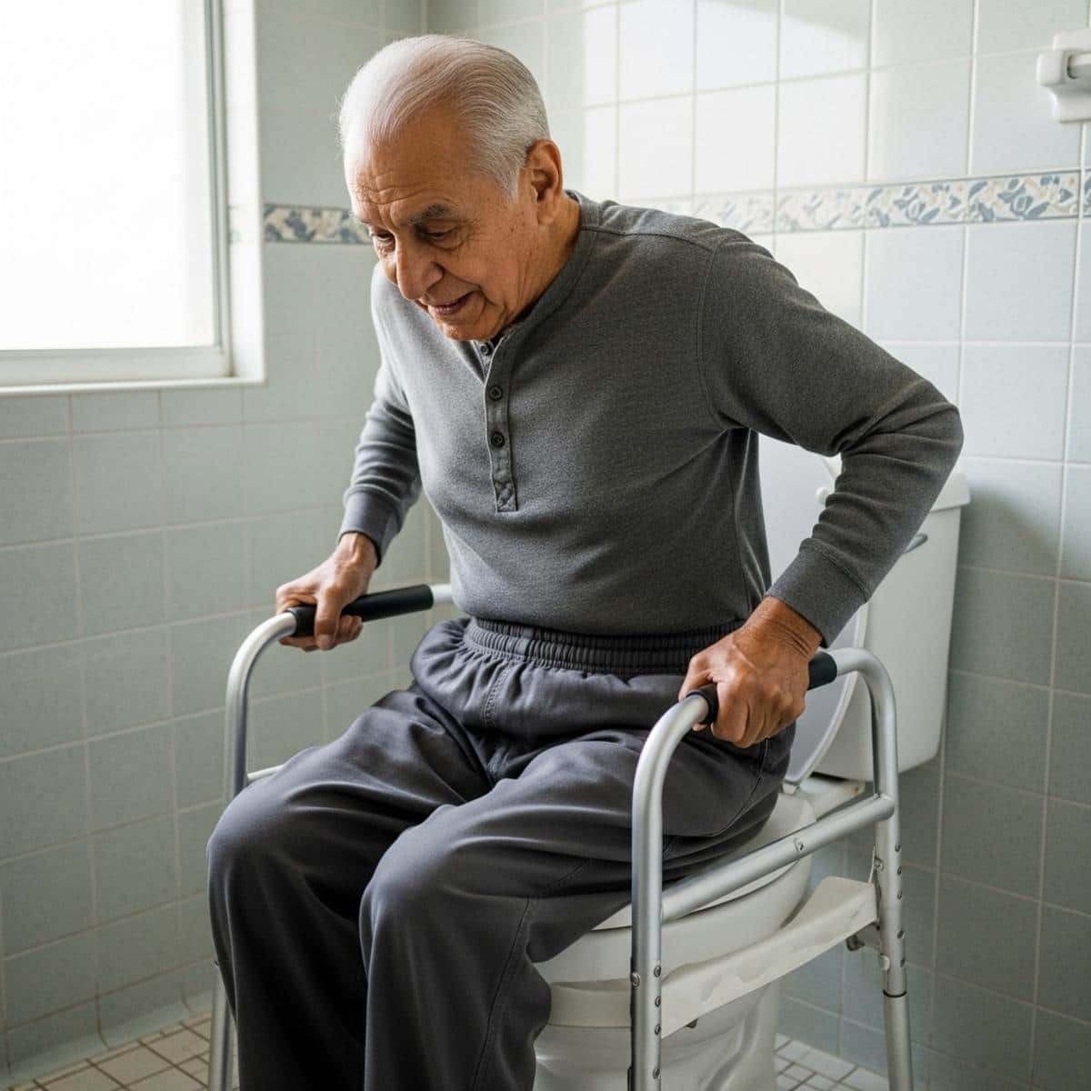 Older man gripping armrests of a toilet safety riser while carefully lowering himself onto the raised seat, full-body centered view