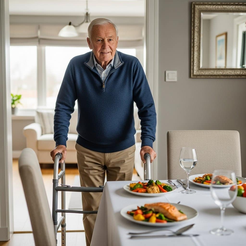 Older man using a walker approaching a kitchen table set with a plated salmon dinner, full-body centered view