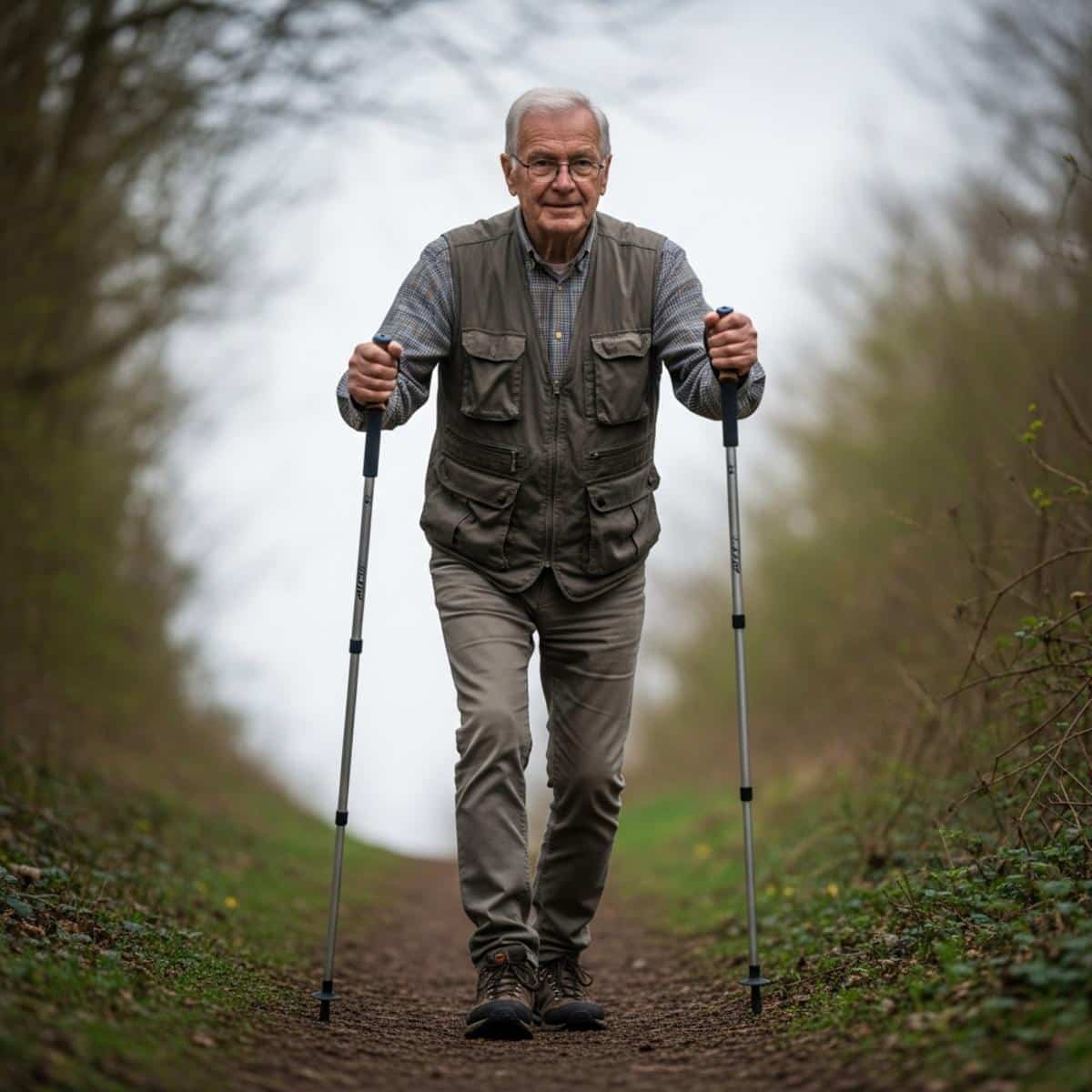 Older man using two walking poles while climbing a gentle uphill trail in an outdoor vest, full-body centered view