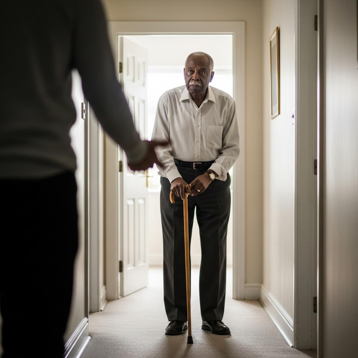 Older man standing in a hallway with a cane and a firm expression while a blurred figure gestures nearby, full-body centered view