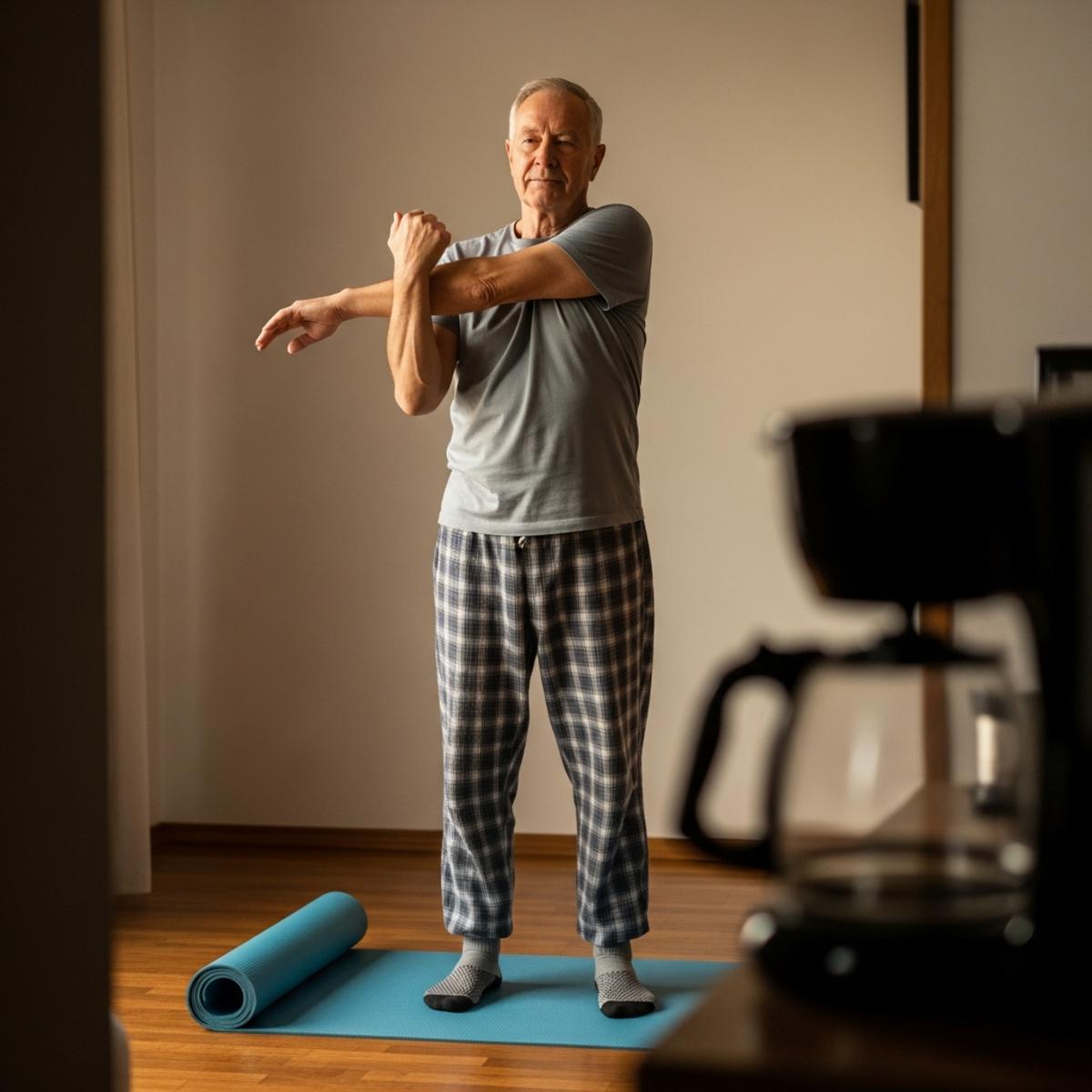 Older man standing beside an unrolled yoga mat in a kitchen with coffee brewing in the blurred background, preparing to begin morning stretches, full-body centered view
