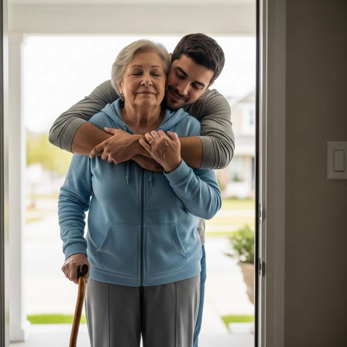 Older woman with a cane receiving a slow unhurried goodbye hug from her adult son at her front door, eyes closed, expression of deep comfort, full-body centered view