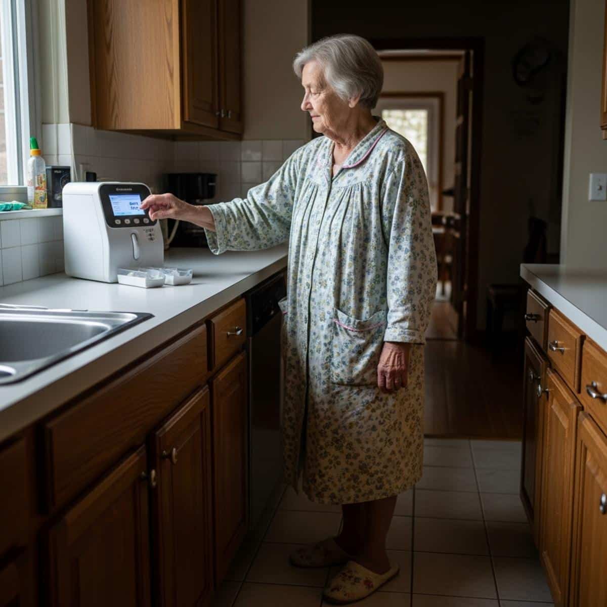 Older woman in housecoat reaching toward an automatic pill dispenser on a kitchen counter, full-body centered view