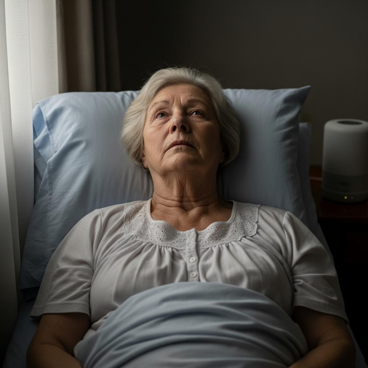 Older woman lying awake in a darkened bedroom staring at the ceiling with a white-noise machine on the nightstand, waist-up centered view