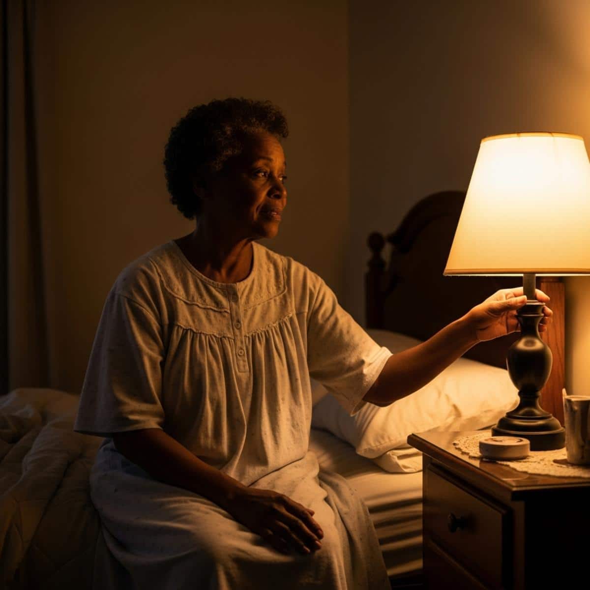 Older woman in nightgown reaching toward a glowing bedside lamp on a nightstand, waist-up centered view in a softly lit bedroom
