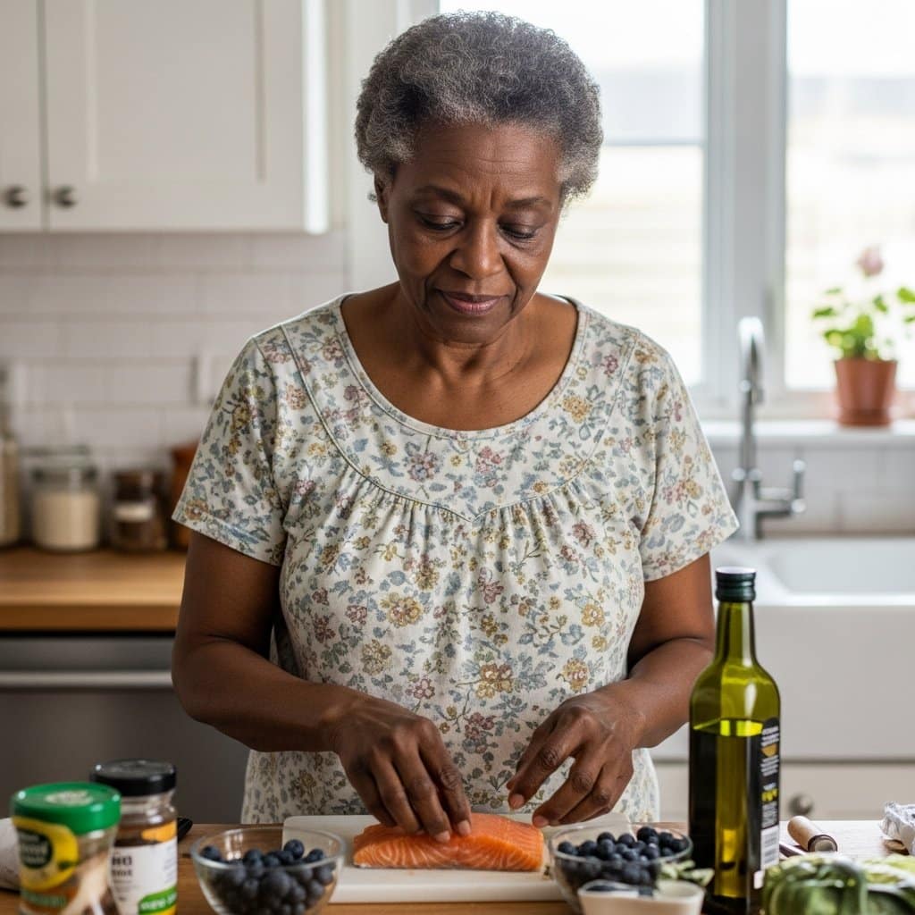 Older woman standing at a kitchen counter arranging salmon, blueberries, and olive oil, waist-up centered view
