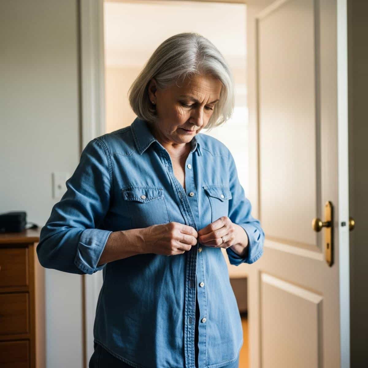 Older woman concentrating as she buttons her chambray shirt herself near a bedroom dresser, hands and shirt visible, waist-up centered view