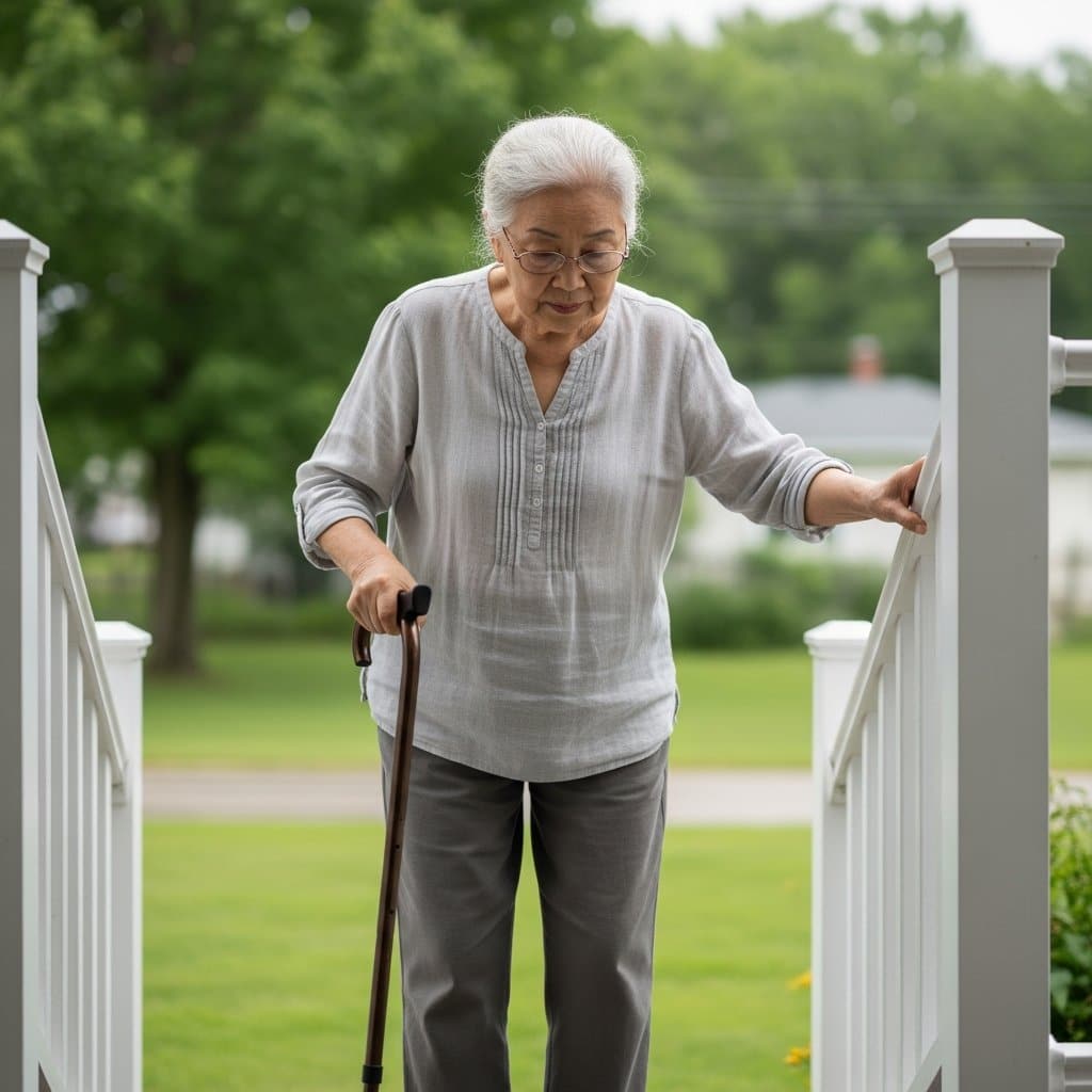 Older woman gripping a cane while carefully stepping down porch stairs on a summer day, expression cautious and deliberate, full-body centered view