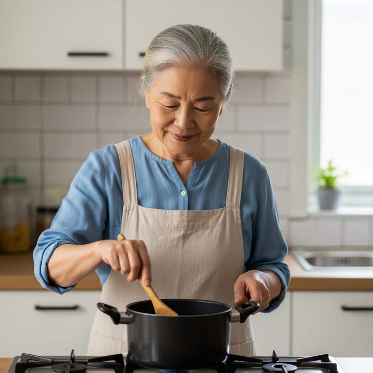 Older woman standing at her stove stirring a pot with a wooden spoon, wearing an apron, waist-up centered view