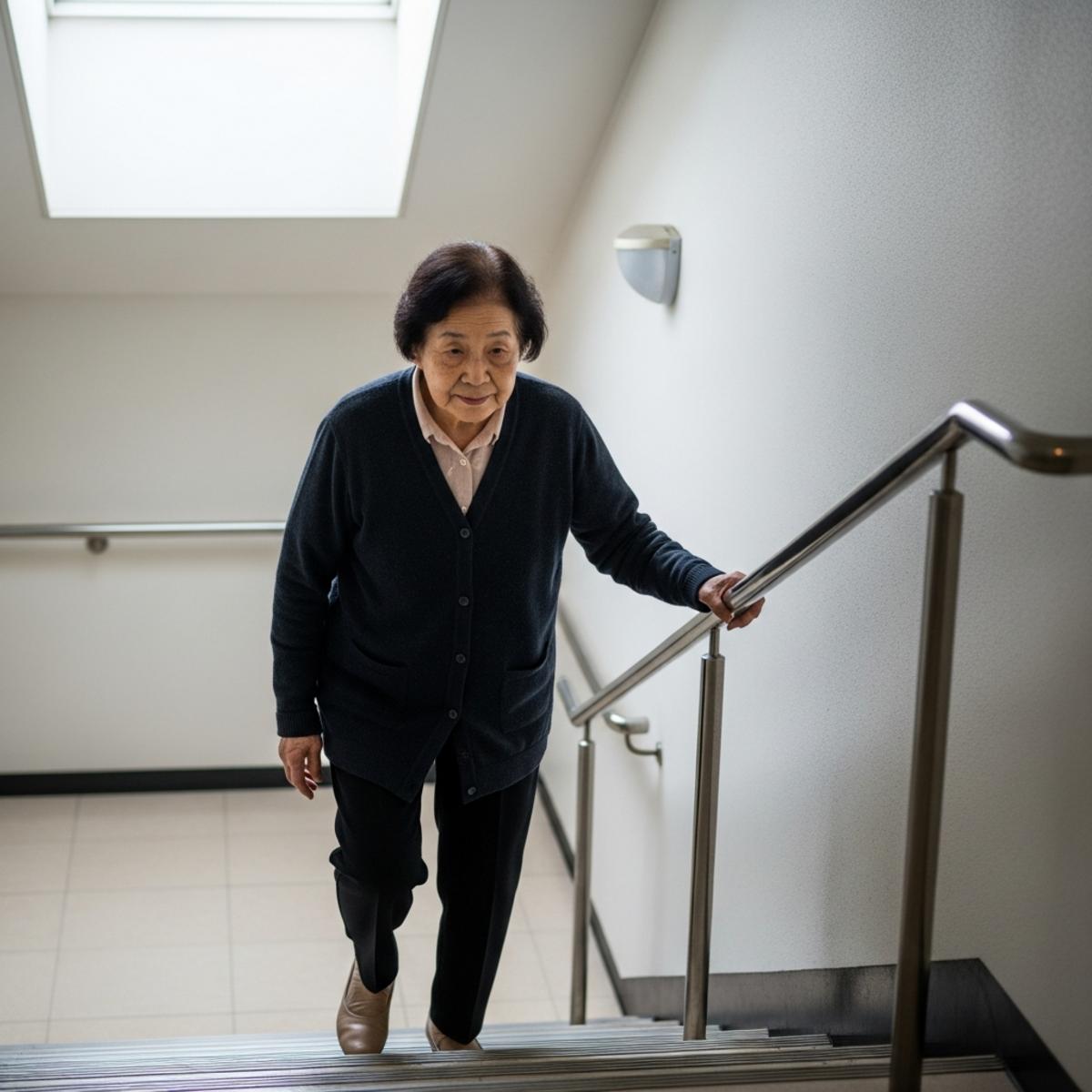Older woman descending a public staircase while firmly holding a handrail on the right side, full-body centered view