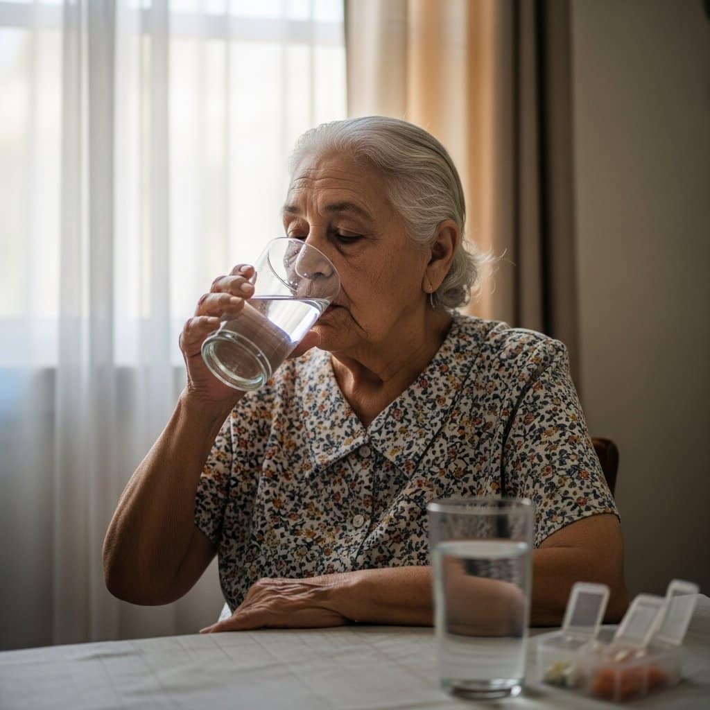 Older woman seated at a kitchen table slowly drinking a large glass of water with a pill organizer nearby on the table, waist-up centered view