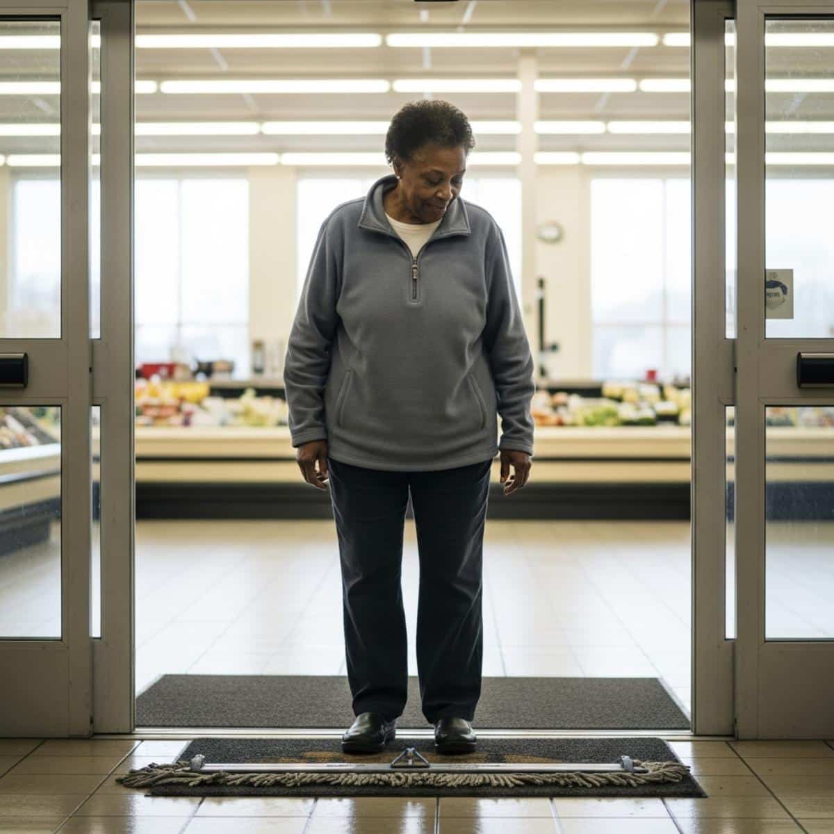 Older woman pausing at a grocery store entrance to look down at a wet tile floor near the entry mat, full-body centered view