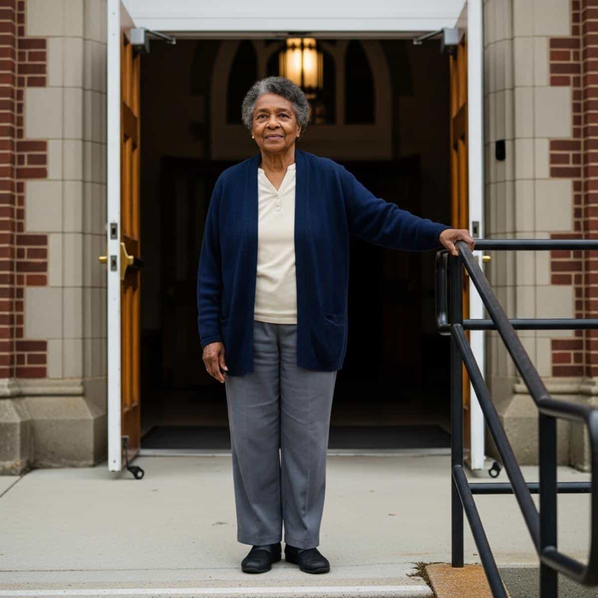 Older woman standing at a church entrance resting her hand on a railing, full-body centered view with accessible doorway visible behind her