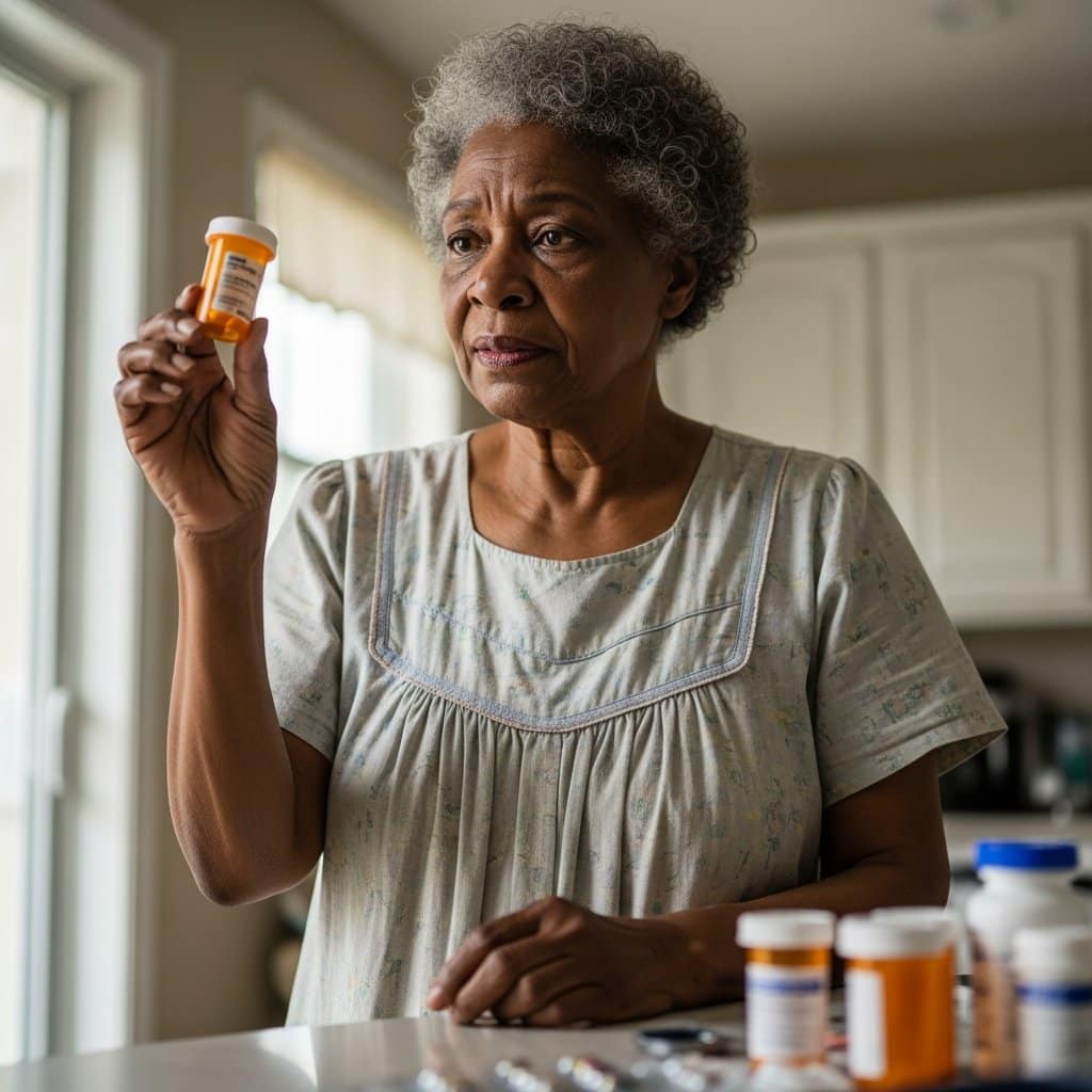 Older woman in short-sleeved housedress holding a prescription pill bottle up to examine it at a kitchen counter, waist-up centered view