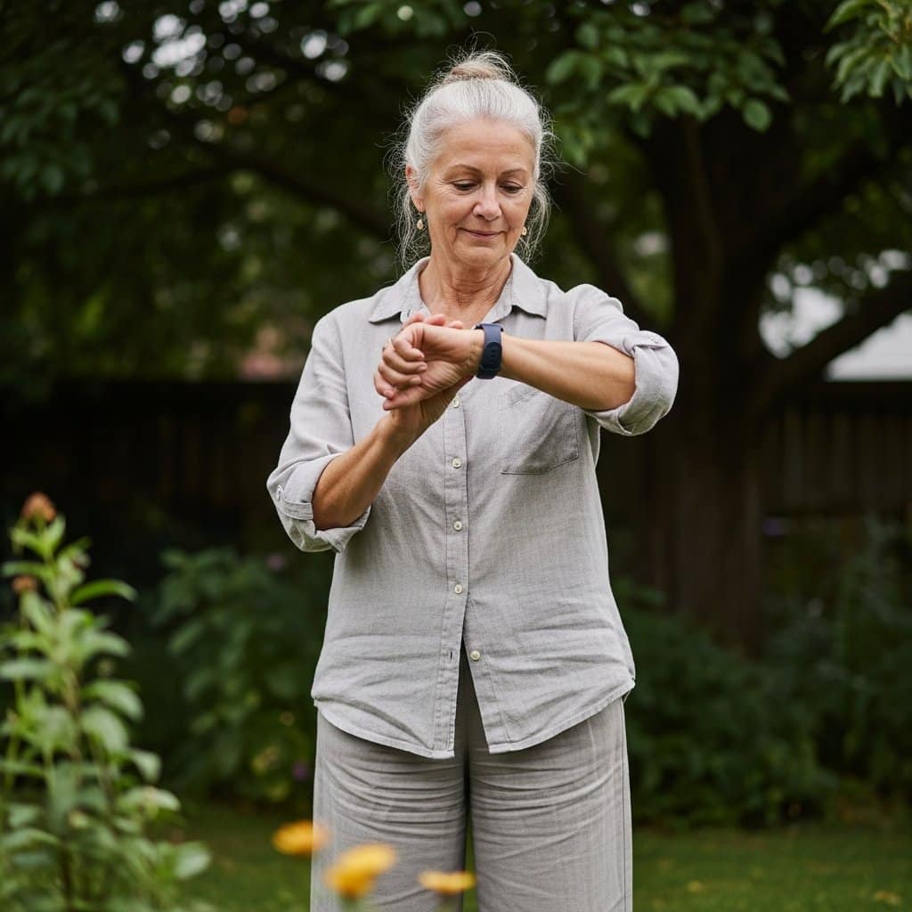 Older woman pausing in a backyard garden to glance at a smartwatch on her wrist on a warm day, waist-up centered view with garden foliage softly blurred behind her