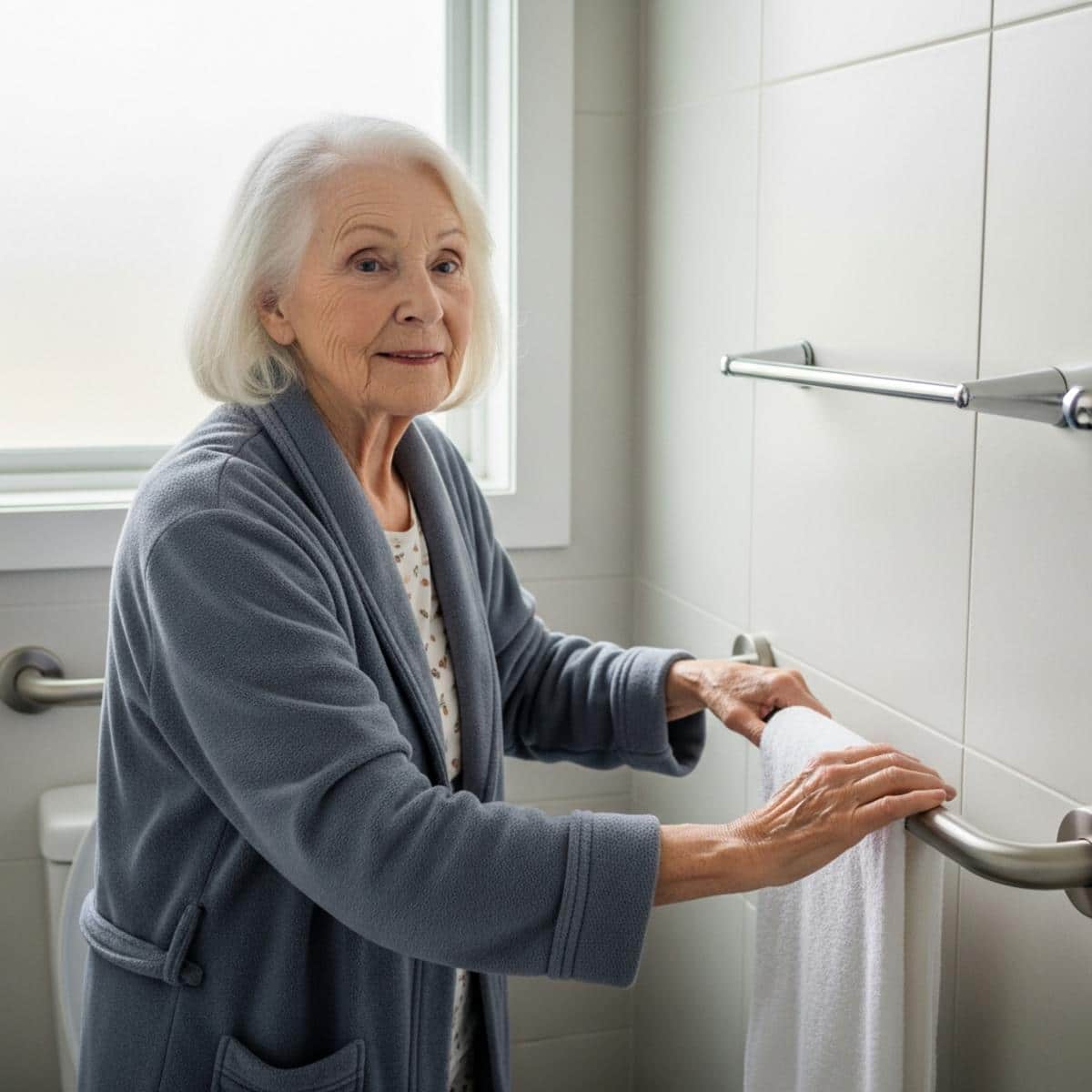 Older woman steadying herself on a wall-mounted grab bar beside a towel bar in a bathroom, waist-up centered view
