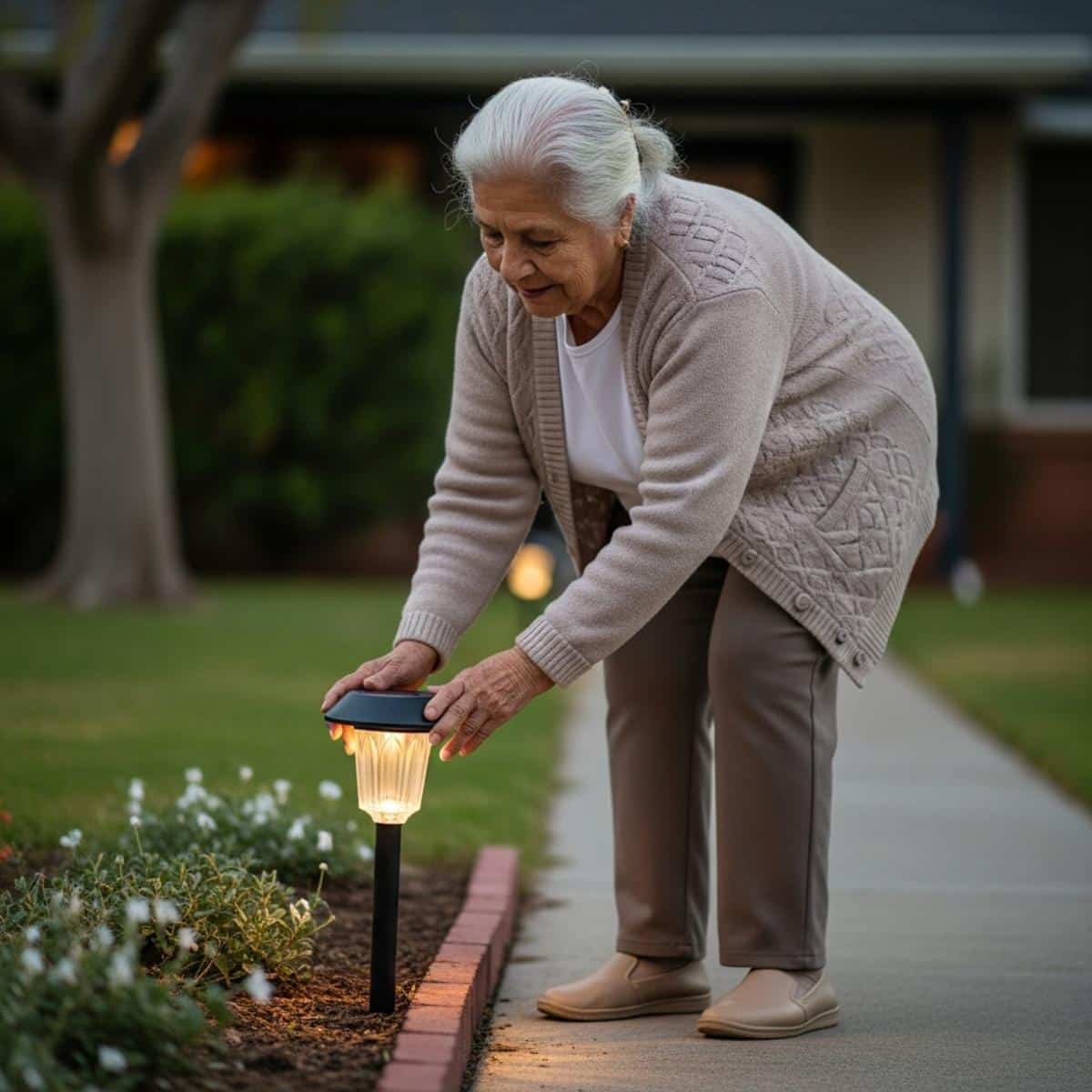 Older woman pressing a solar pathway light stake into ground along a front walkway at dusk, full-body centered view with garden border visible