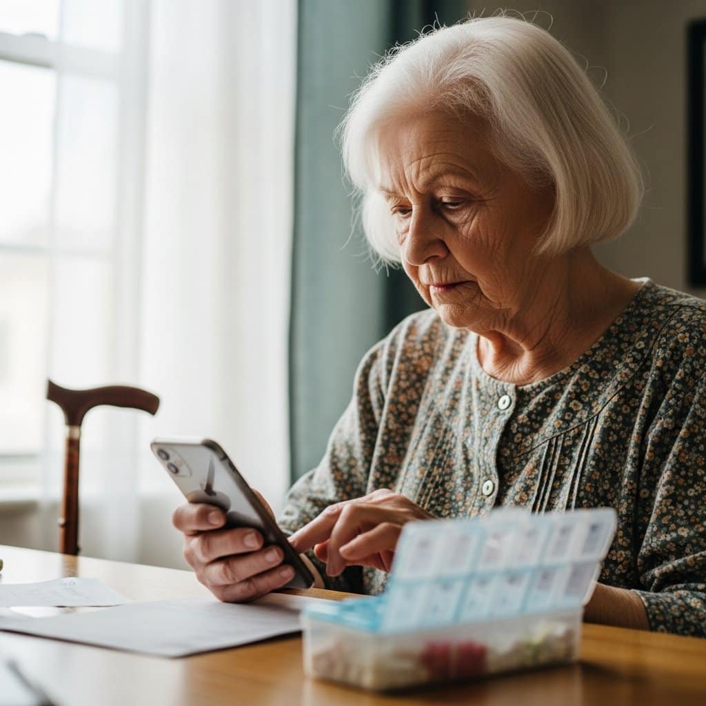 Older woman sitting at a desk typing into an iPhone beside a pill organizer with a cane leaning nearby, waist-up centered view