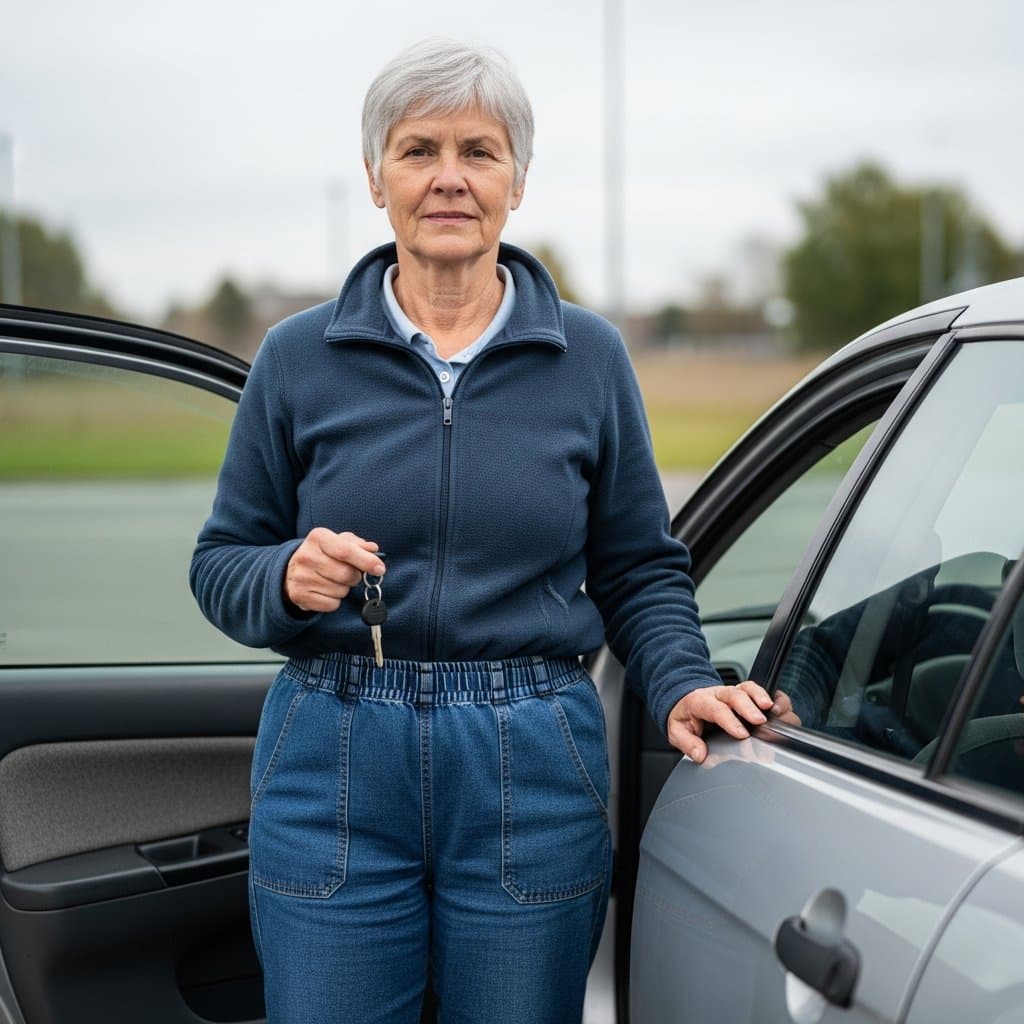 Older woman standing beside a car in a parking area holding her keys, independent expression, full-body centered view