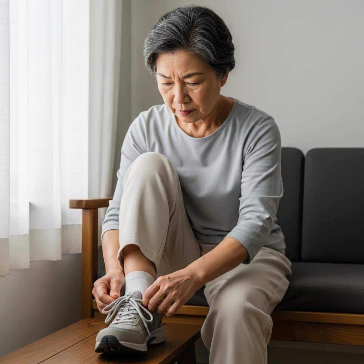 Older woman seated on a wooden bench carefully lacing up supportive walking shoes, waist-up centered view