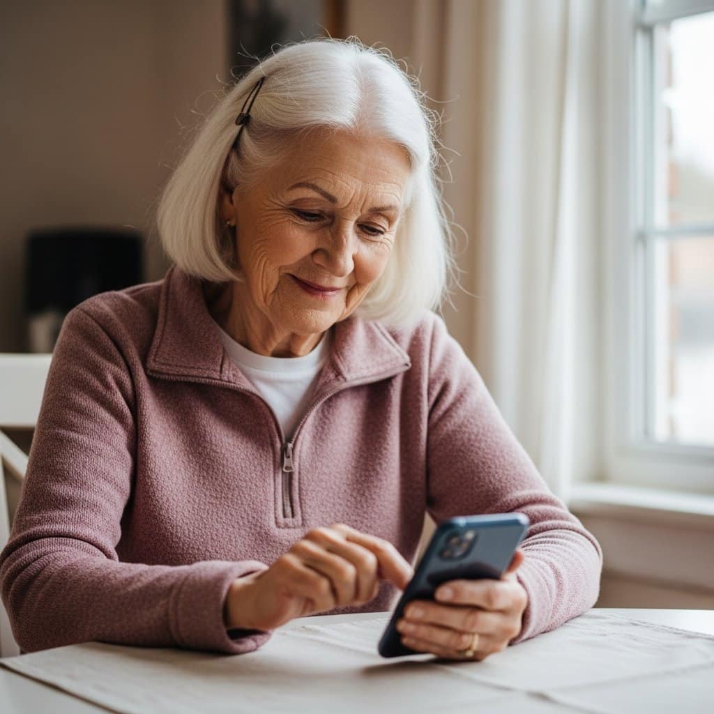 Older woman sitting at a dining table smiling while tapping on a smartphone, waist-up centered view with phone visible on table
