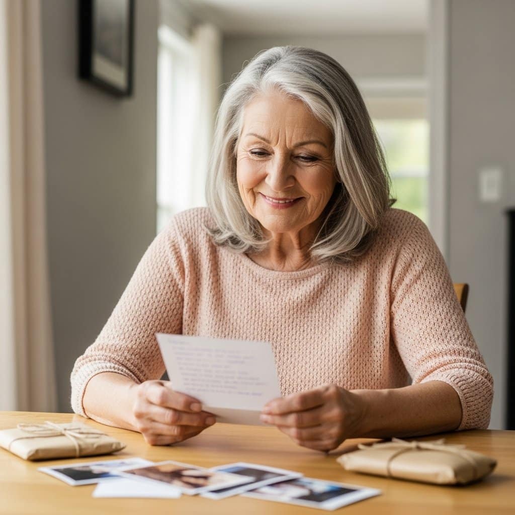 Older woman sitting at a kitchen table holding a card with both hands, smiling softly, photographs and a small wrapped parcel nearby, waist-up centered view
