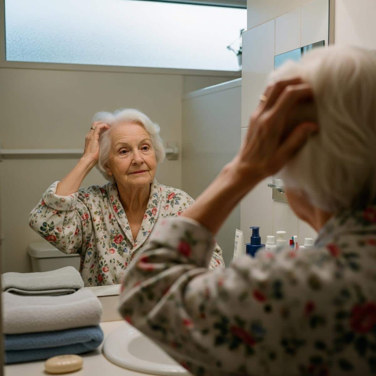 Older woman with white hair smoothing her hair at a bathroom vanity mirror, personal care items visible on the counter, waist-up centered view
