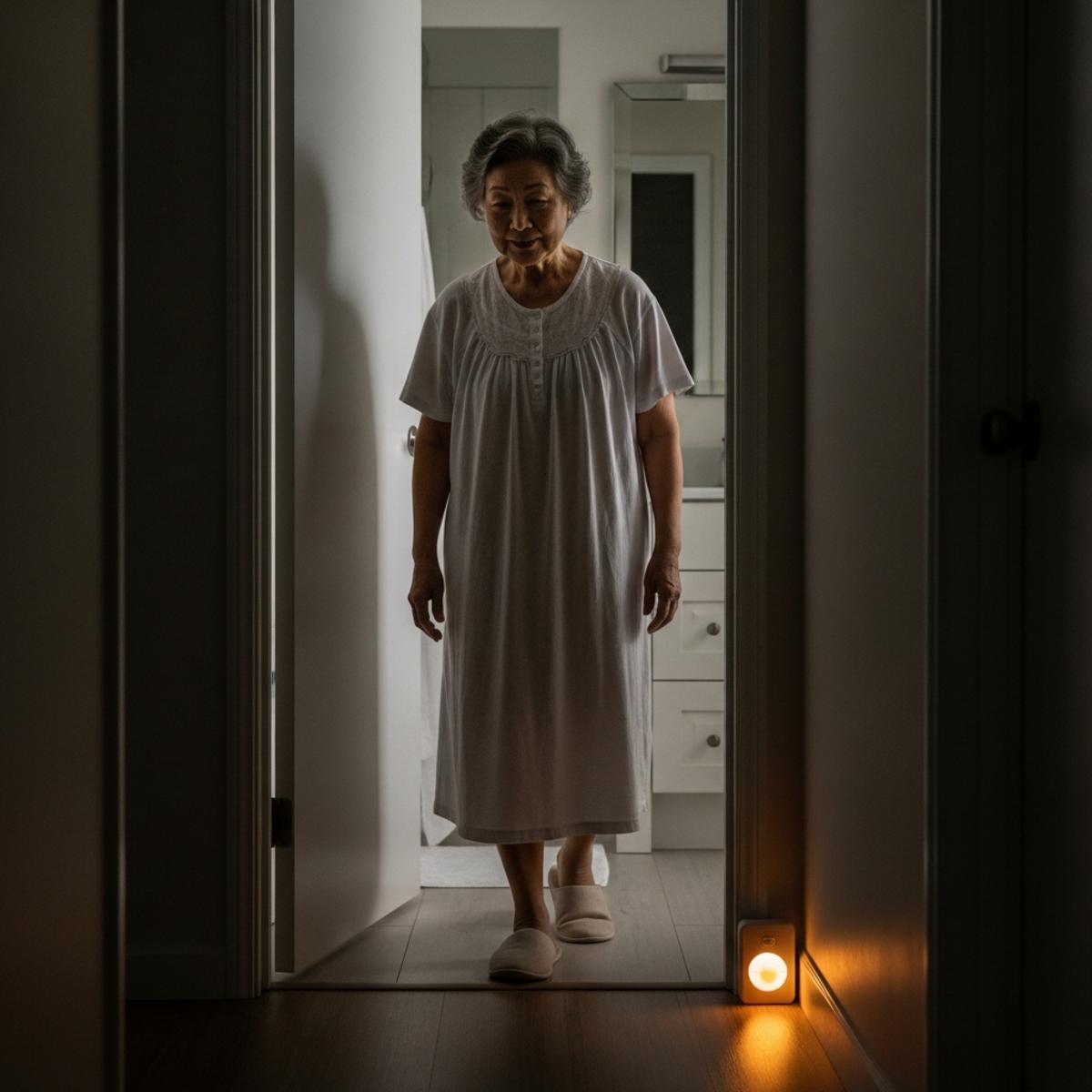 Older woman walking through a dim hallway toward a bathroom doorway guided by a soft warm glow from a baseboard motion-sensor nightlight, full-body centered view