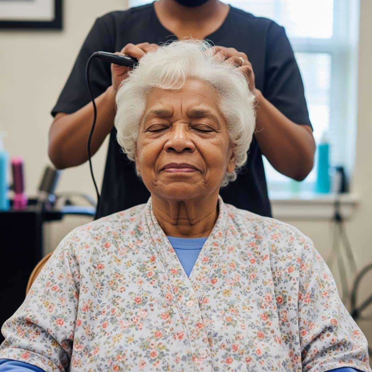 Older woman sitting in a nursing home salon chair with a staff member gently styling her white hair, waist-up centered view with soft window light