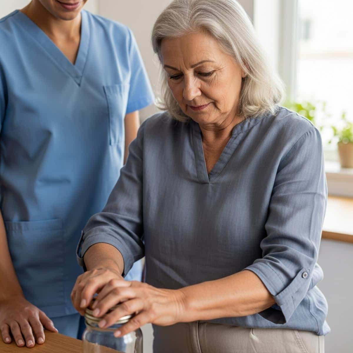 Older woman gripping a jar lid at a kitchen counter while a caregiver stands behind with hands at their sides, waist-up centered view