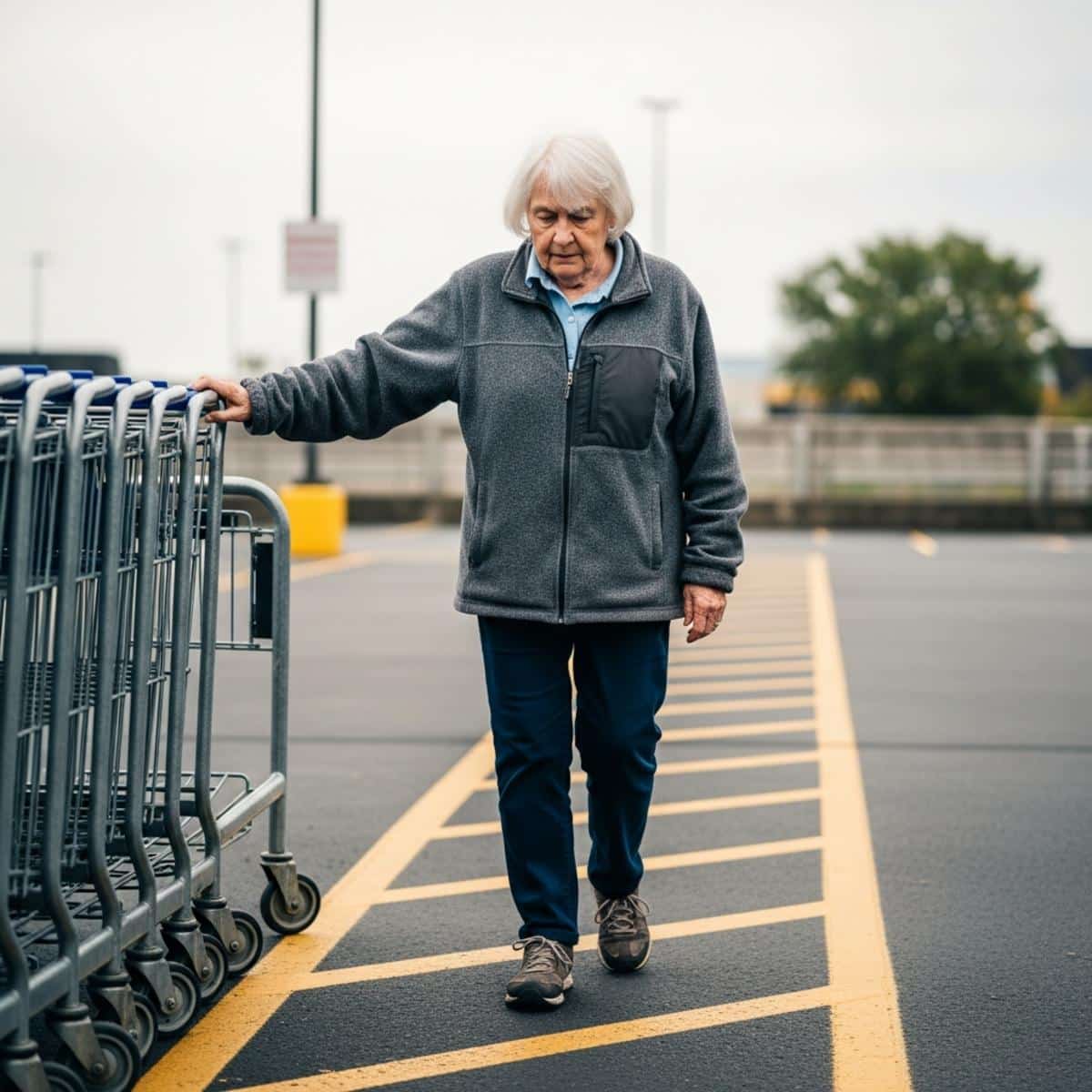 Older woman steadying herself on a cart corral while reading the parking lot surface ahead, full-body centered view