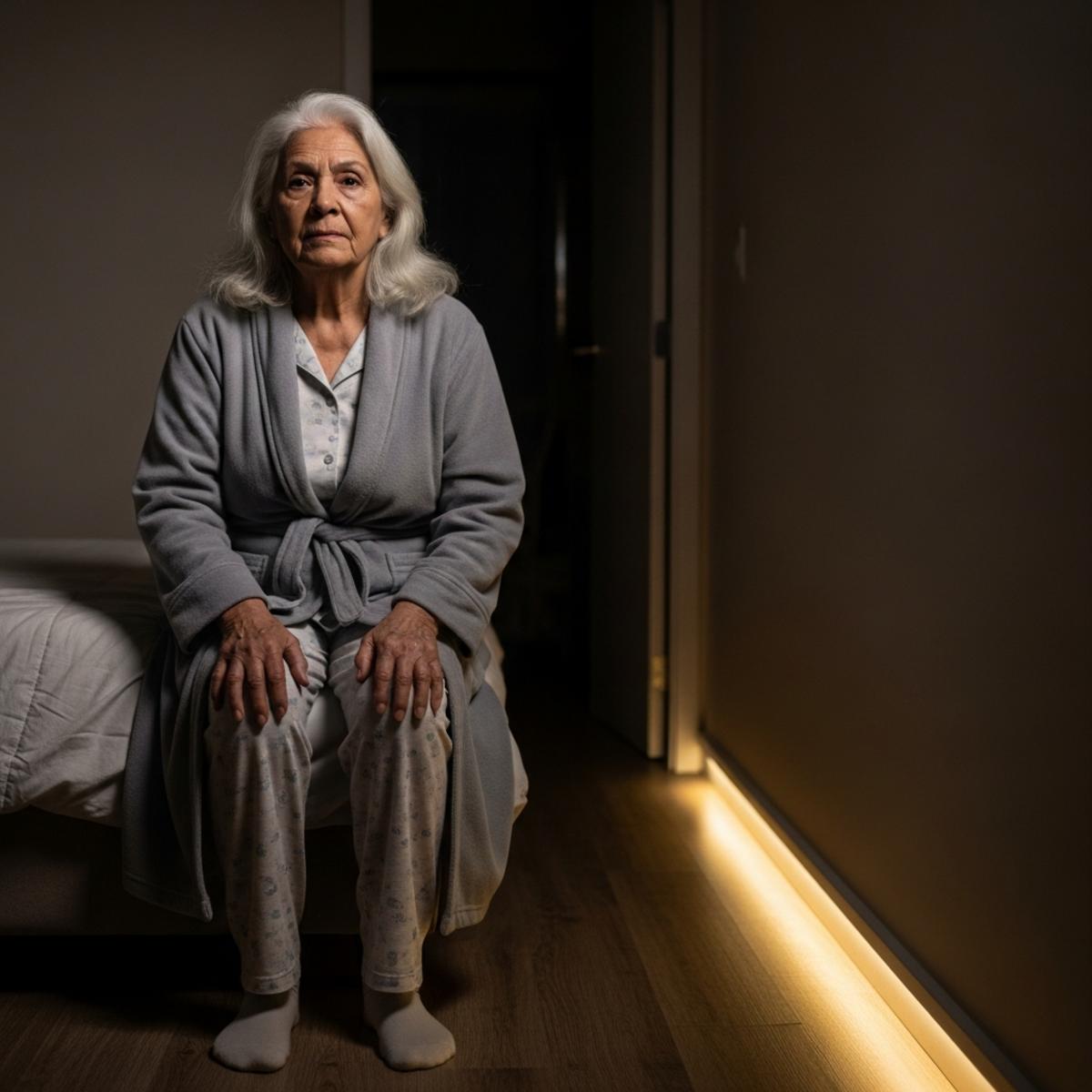 Older woman sitting at bed edge pausing before standing in a dimly lit bedroom at night, full-body centered view