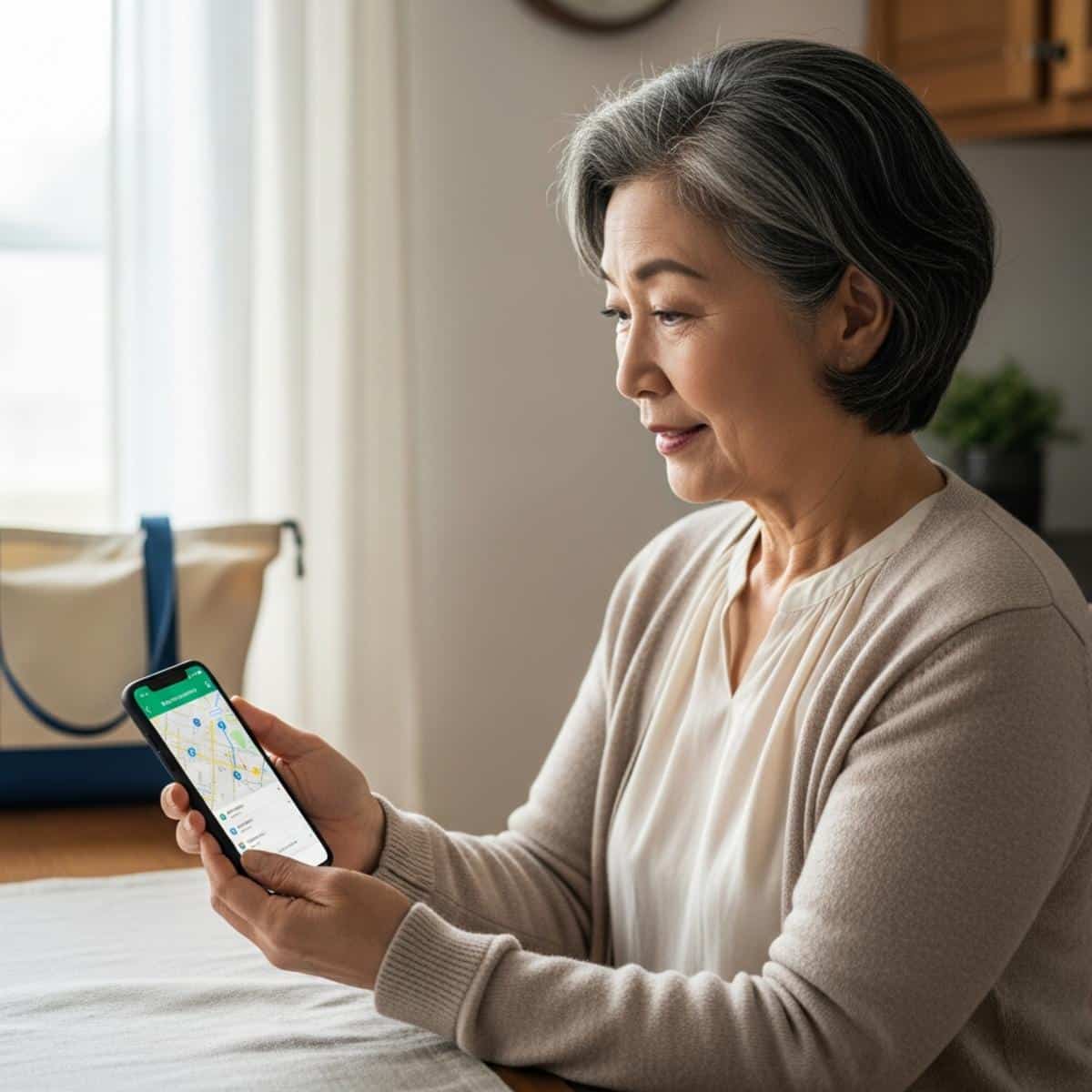 Older woman seated at a kitchen table holding a smartphone with a blurred map app screen while planning a trip, waist-up centered view