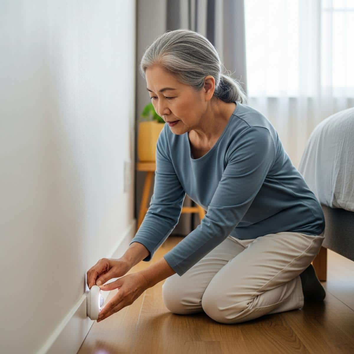 Older woman positioning a small LED nightlight along the bedroom baseboard near the bed, waist-up centered view