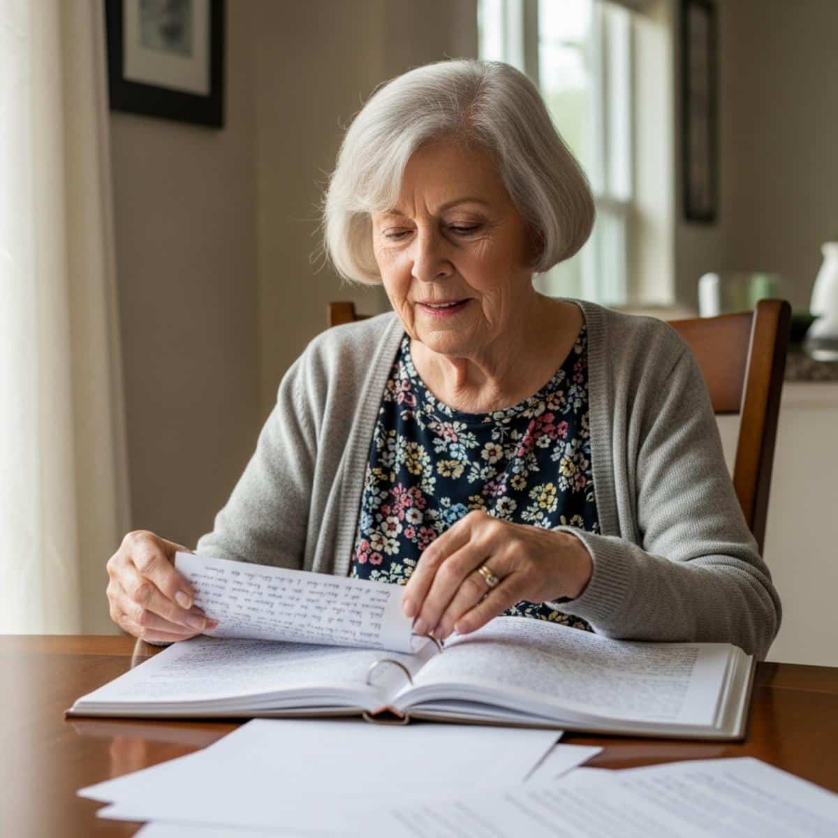Older woman carefully placing a handwritten page into an open bound memory book on a dining table, waist-up centered view