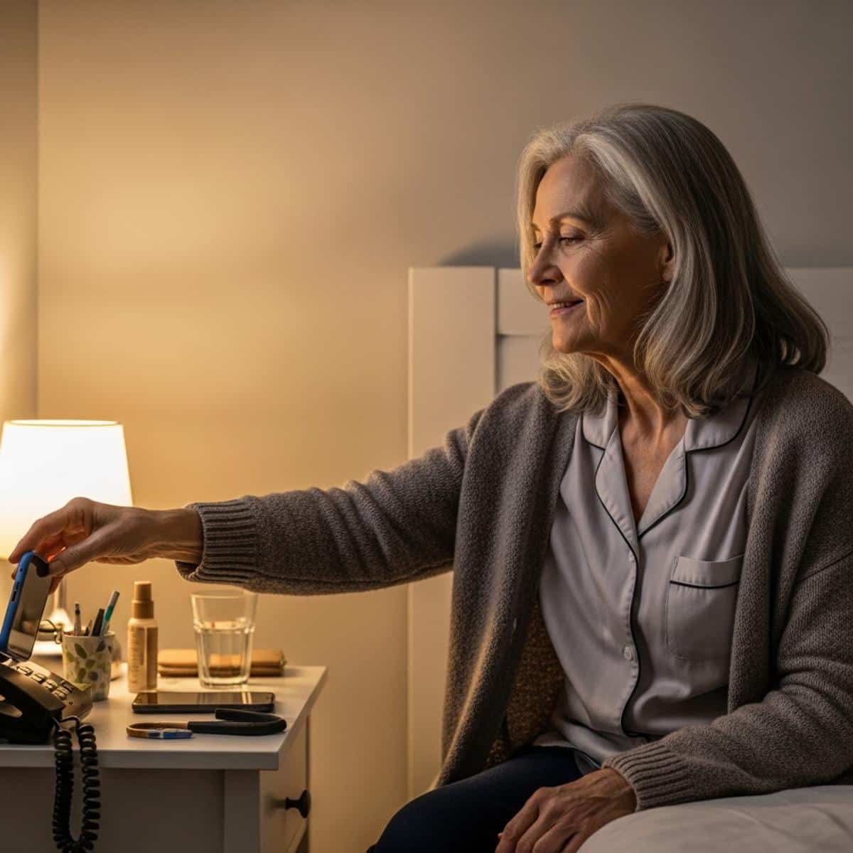 Older woman reaching easily to an organized nightstand with items close to the bed edge, waist-up centered view