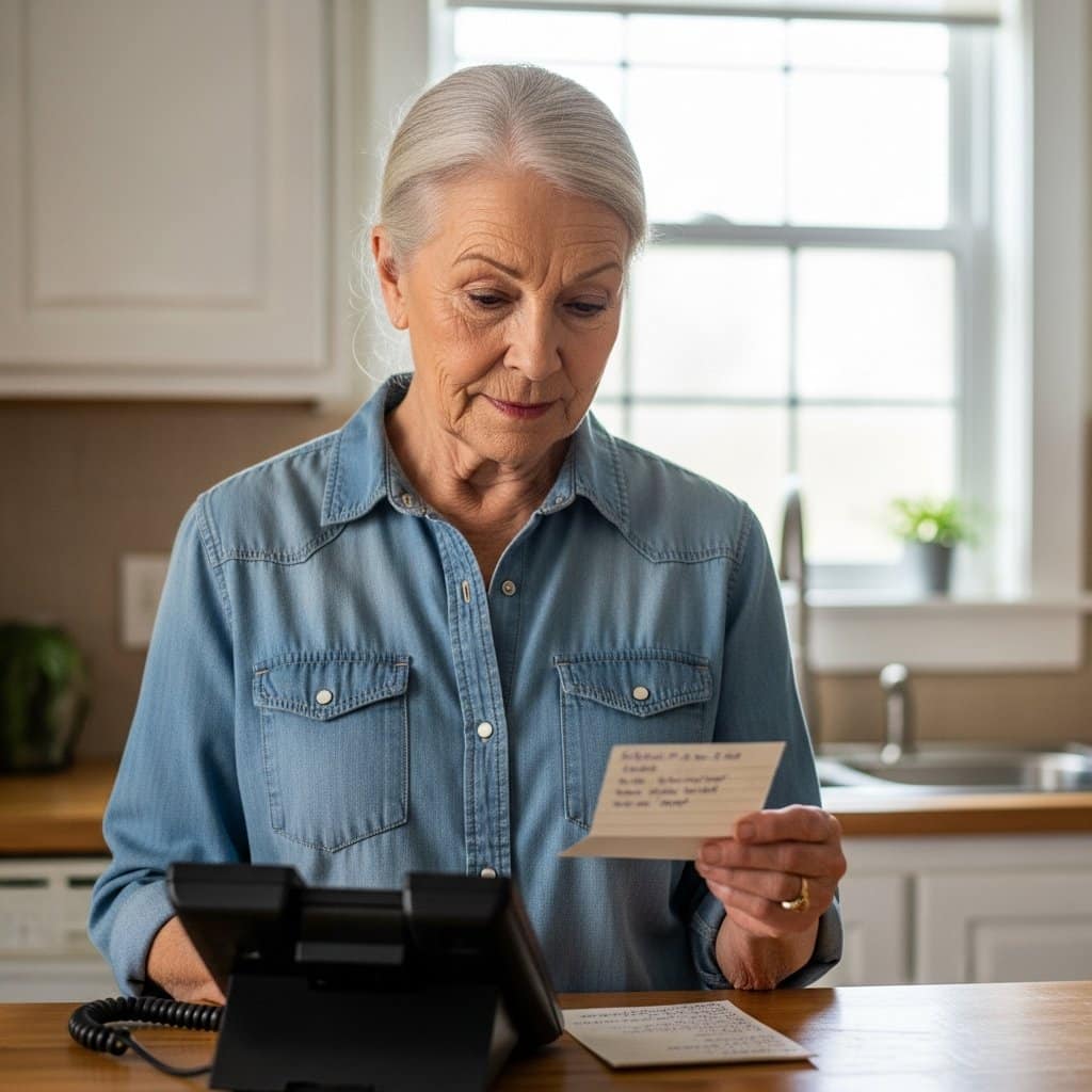 Older woman standing at a kitchen counter reading from a small card propped next to a landline phone with a calm composed expression, waist-up centered view