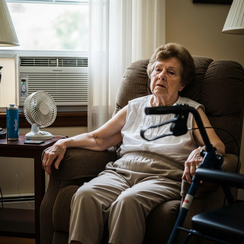 Older woman seated in a recliner near a small fan with a walker parked beside her, summer light filtered through thin curtains, full-body centered view