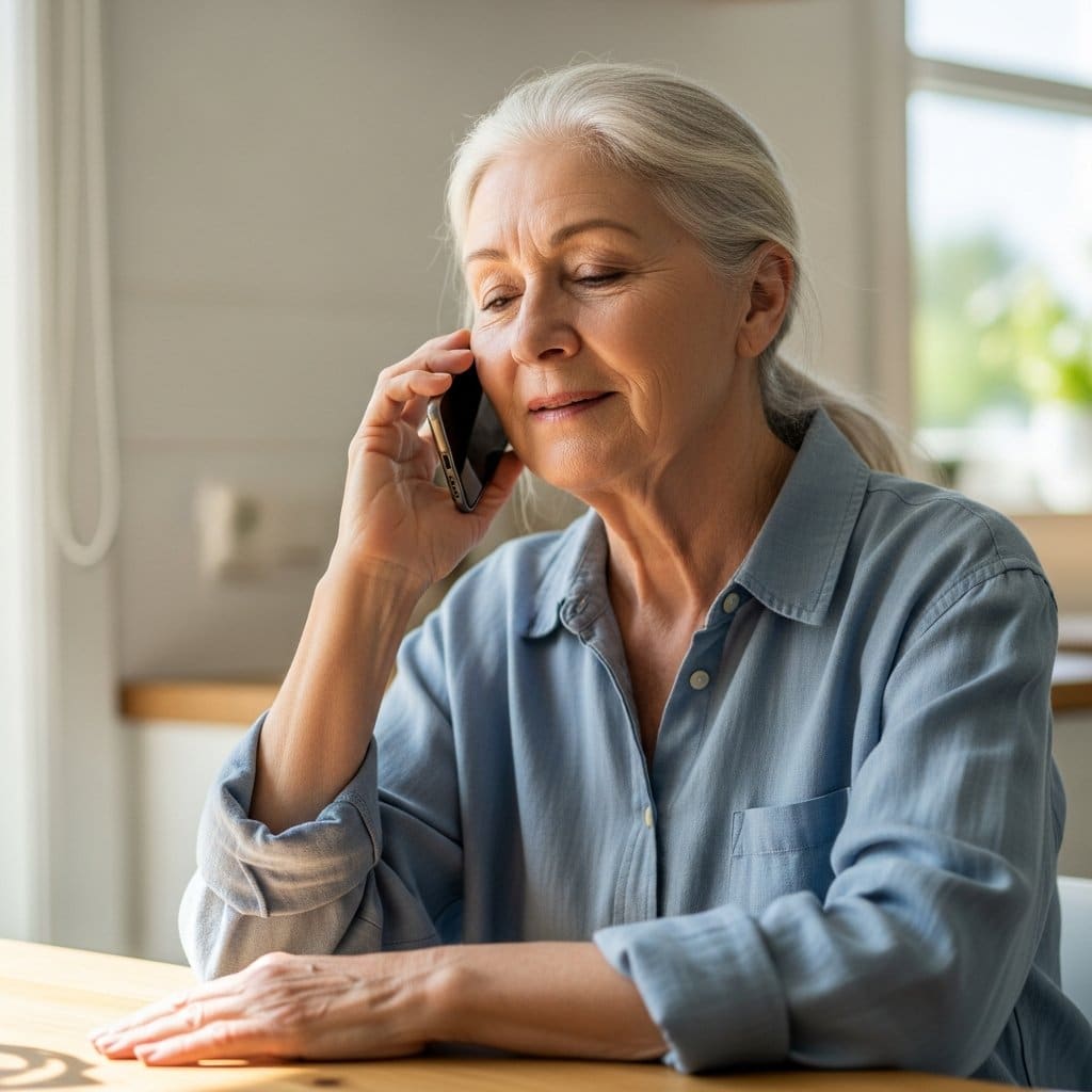 Older woman sitting in a sunny kitchen speaking on a mobile phone with a visibly relieved and steady expression, waist-up centered view