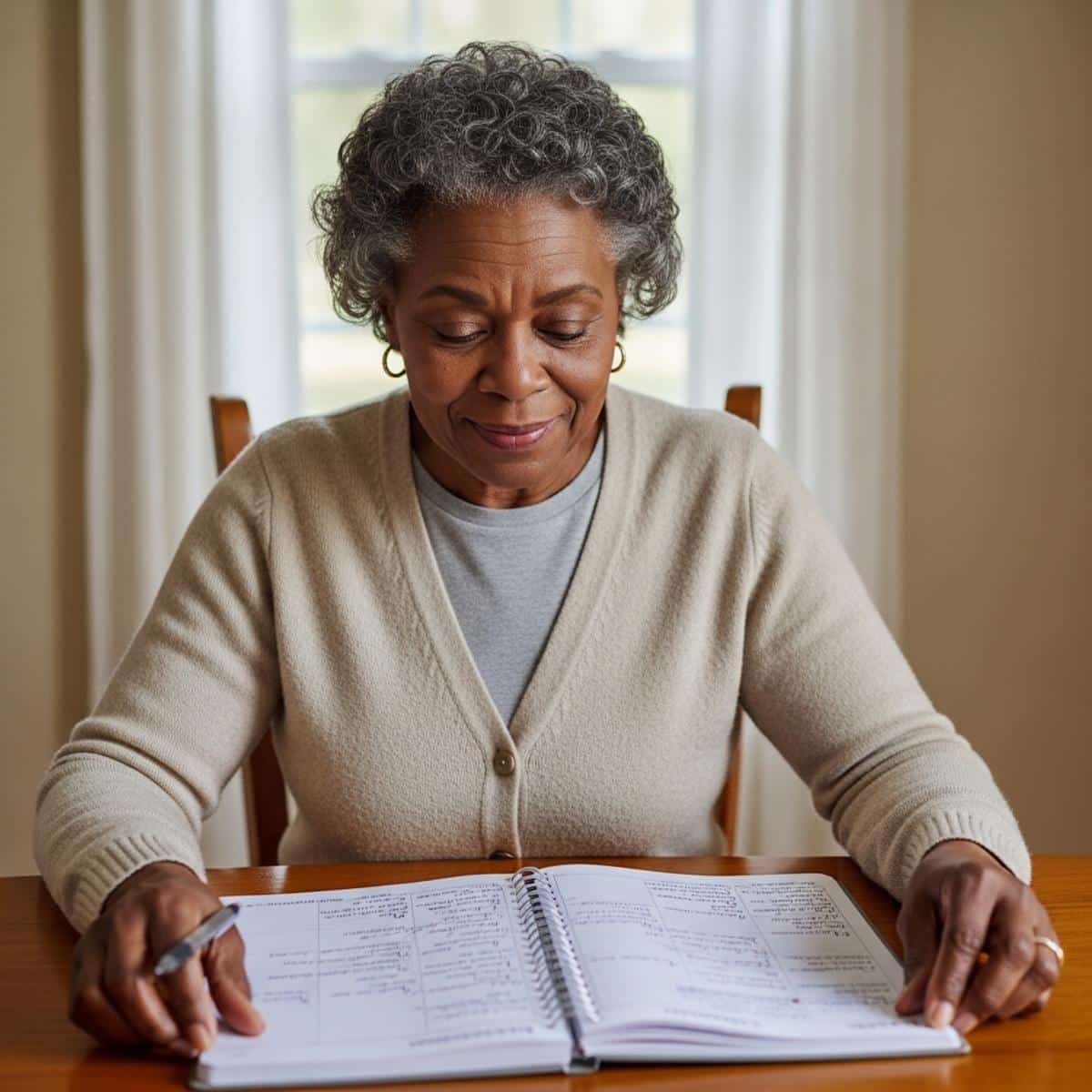 Older woman sitting at kitchen table reviewing an open planner with calm expression, waist-up centered view