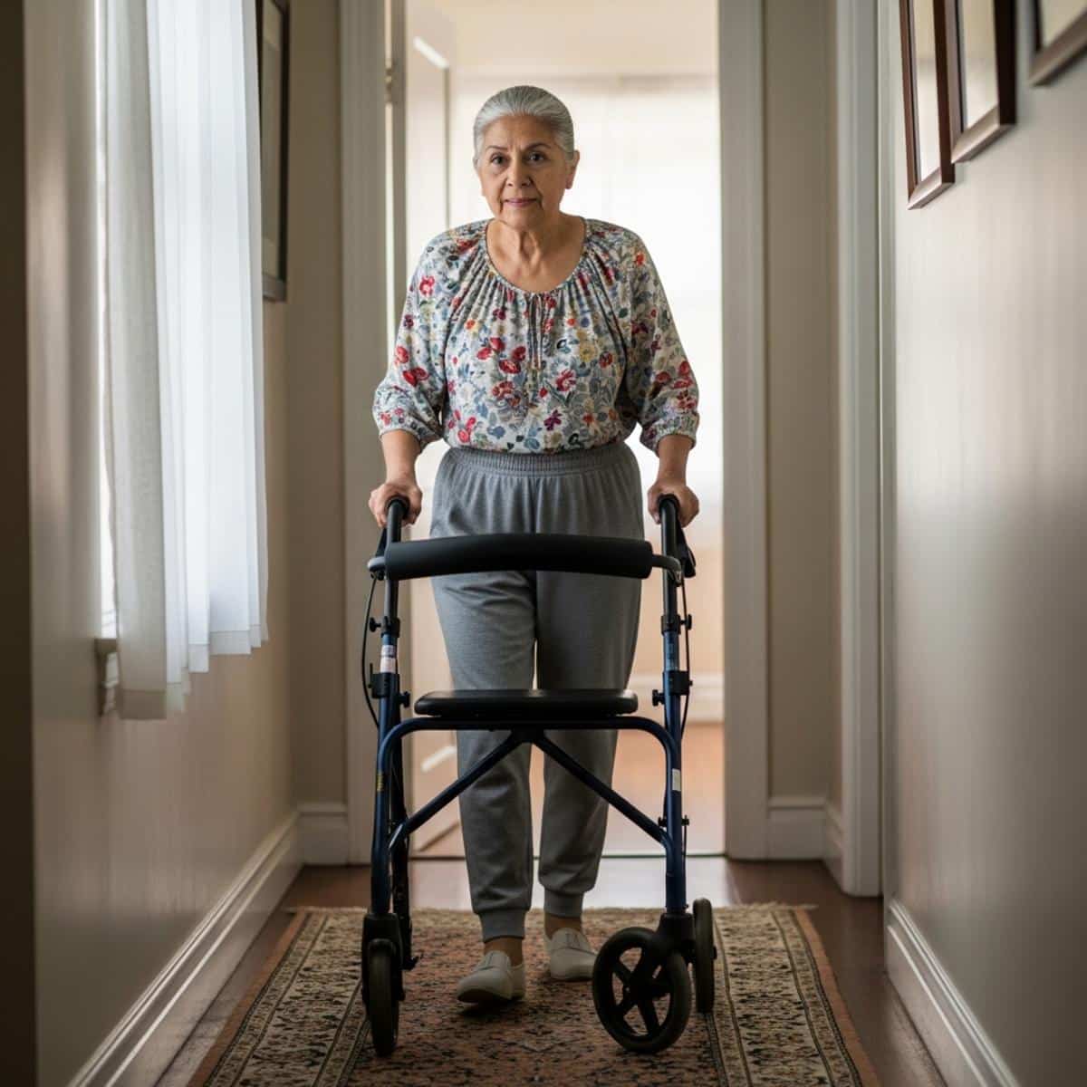 Older woman pushing a rollator walker along a sunlit indoor hallway, full-body centered view with soft background
