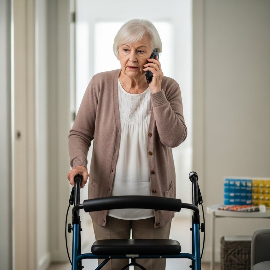 Older woman with a rollator walker standing in a hallway holding a phone to her ear with a focused expression, full-body centered view