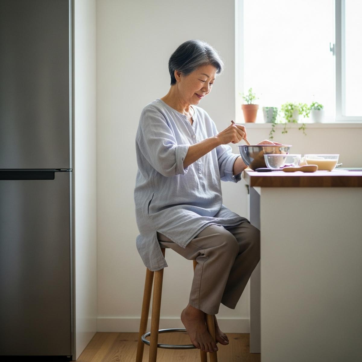 Older woman seated on a kitchen stool stirring ingredients at a counter-height workspace, full-body centered view