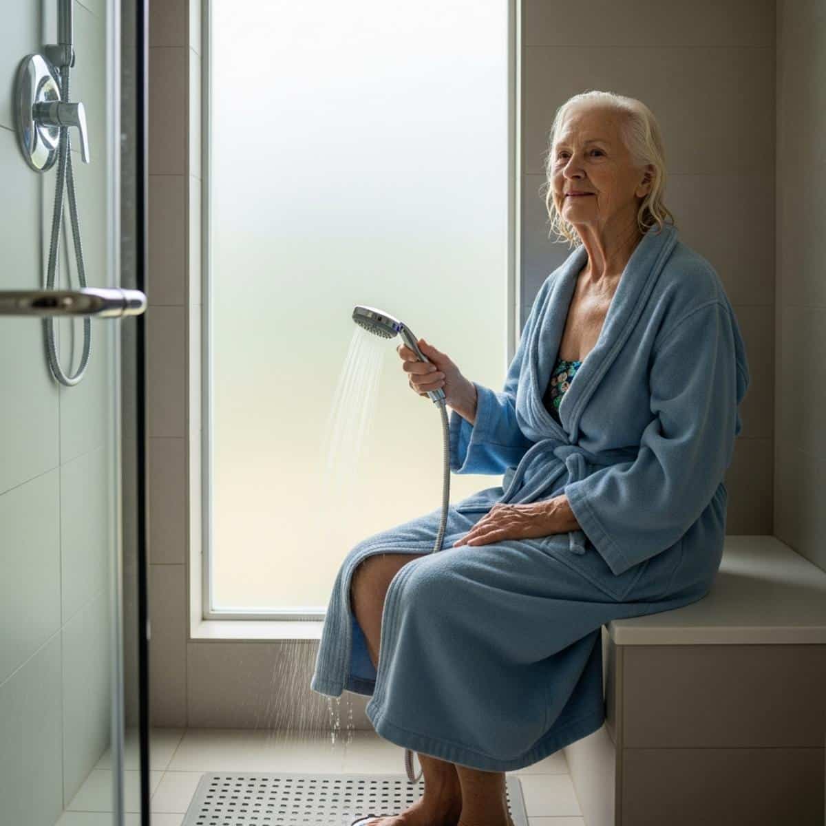 Older woman seated on a shower bench holding a handheld showerhead, waist-up centered view with non-slip mat visible
